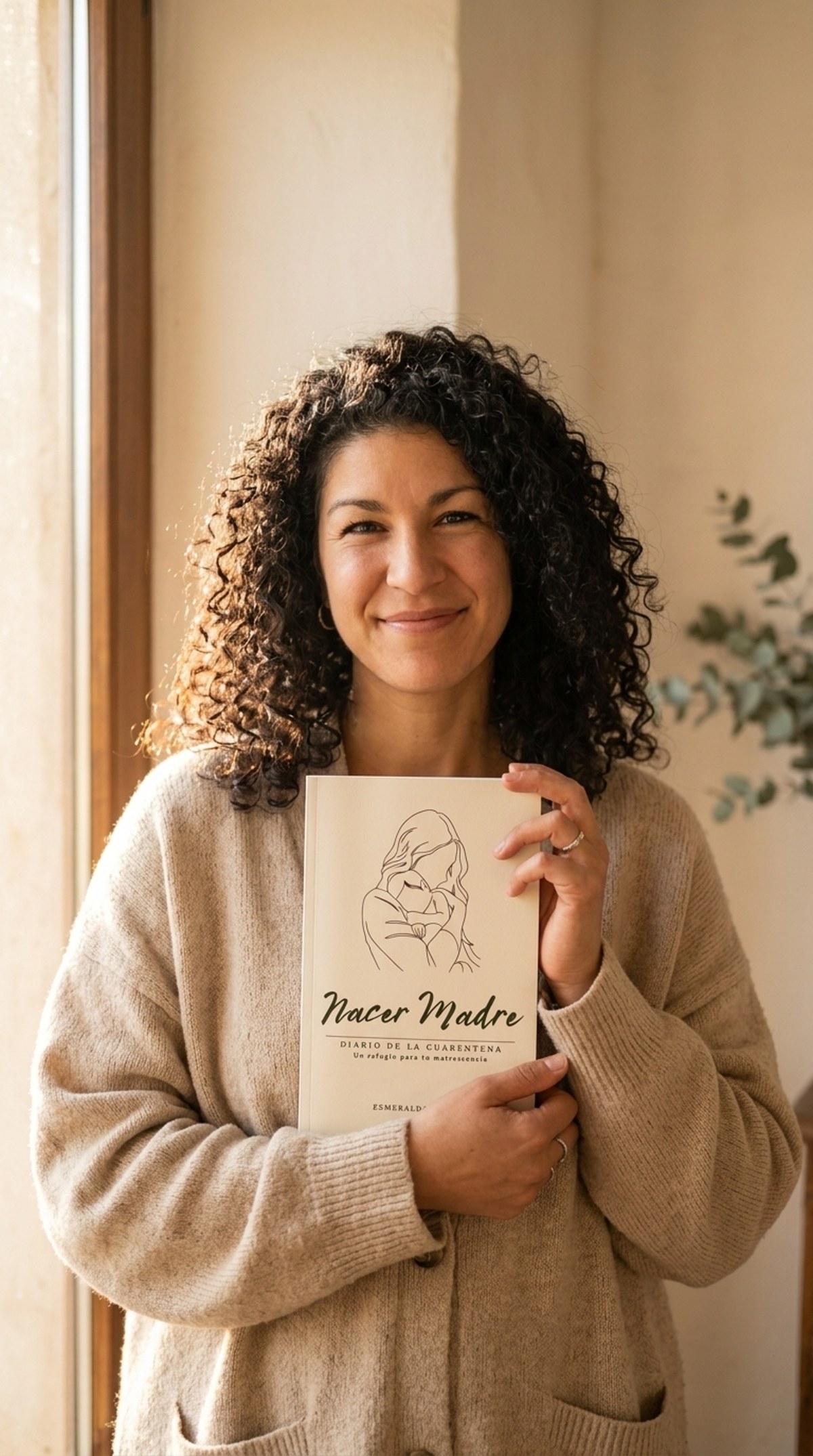 Esmeralda García, autora de Nacer Madre, sosteniendo el Diario de la Cuarentena junto a una ventana con luz natural