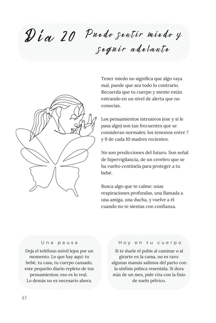 Día 20 · Puedo sentir miedo y seguir adelante · página del diario con ilustración, reflexión científica, una pausa y hoy en tu cuerpo
